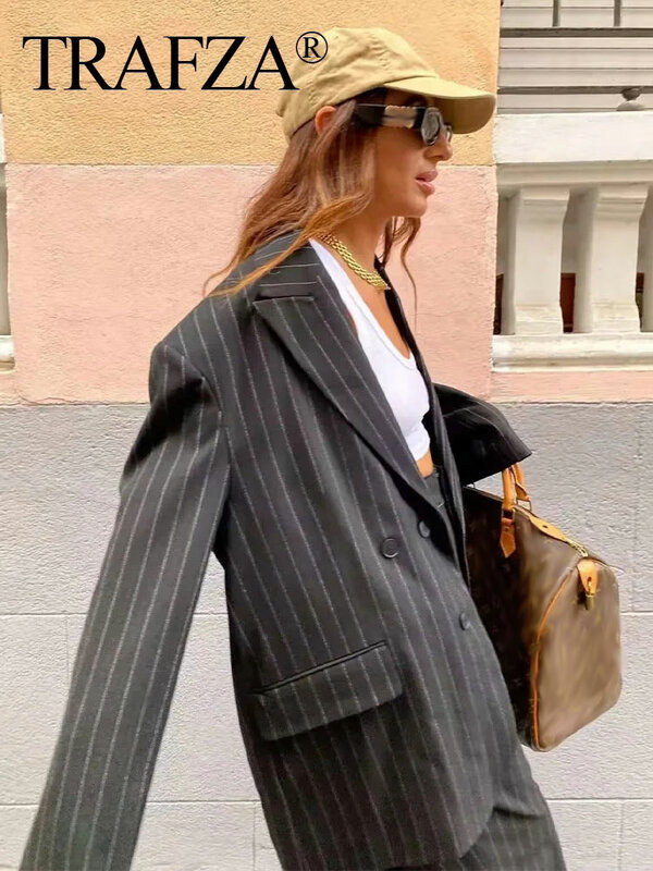 ترافزا-بدلة بليزر وبنطلون مخطط للنساء ، معطف كبير ، ملابس خارجية ، مكتب ، خريف ، 2022