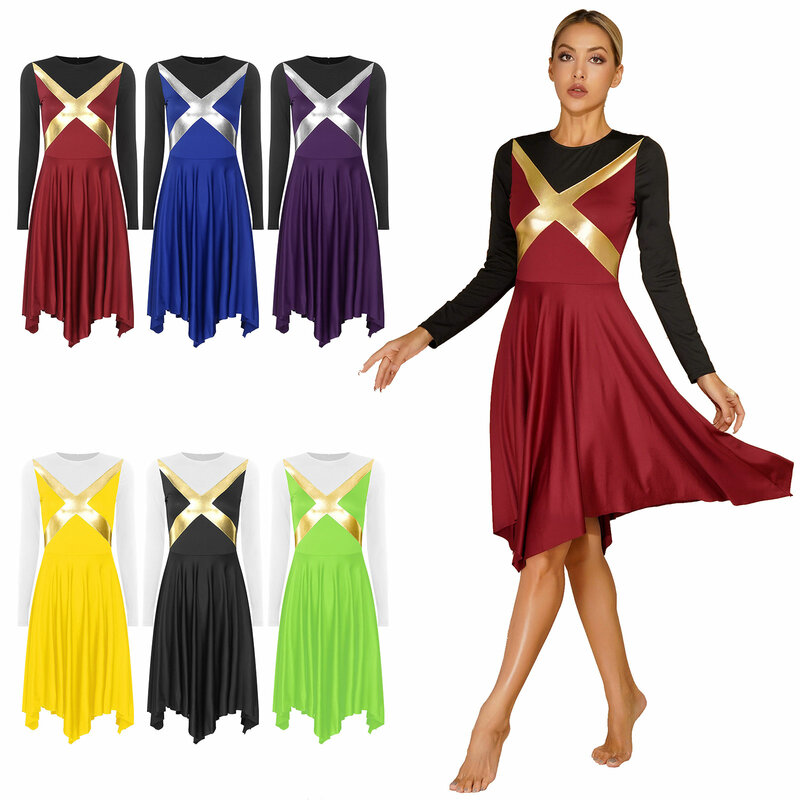 Womens Lyrical Dance Dress Church Worship Costume Long Sleeve Color Block Patchwork Irregular Hem Dresses Halloween Dancewear