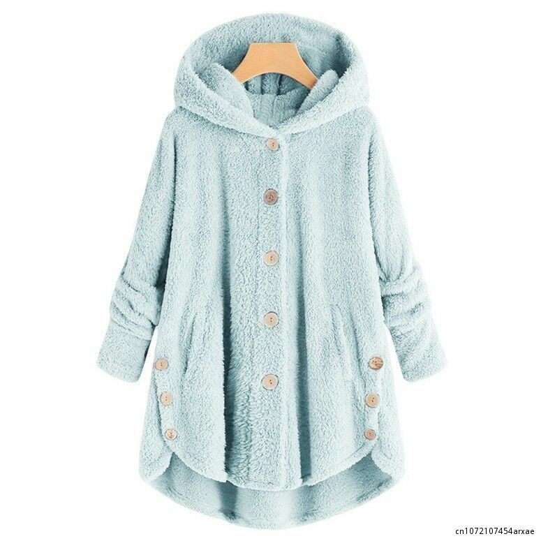 Mantel bertudung lengan panjang wanita, mantel luar ruangan kain hangat dengan kantong macan tutul berkancing Musim Dingin 2023