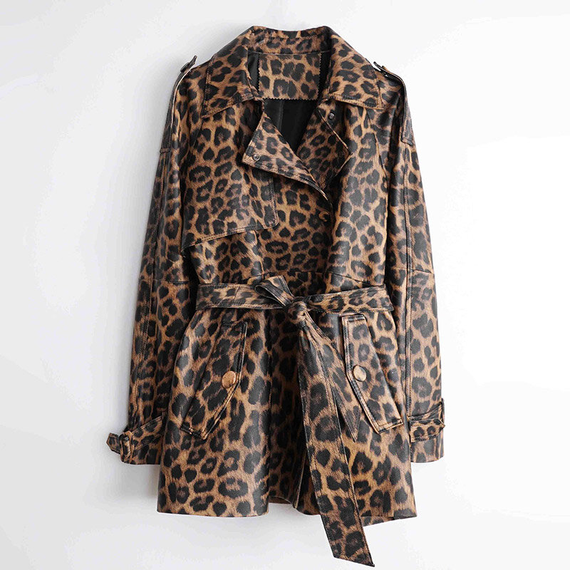 Casaco longo de couro verdadeiro feminino, casaco estampado leopardo, casaco de pele de carneiro senhora, moda nova primavera e outono