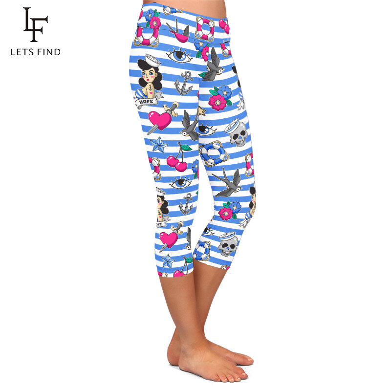 LETSFIND Fashion Patch Elements Pattern Milk Silk Print Mid-Calf Leggings High Waist  Fitness Elastic Capri Leggings