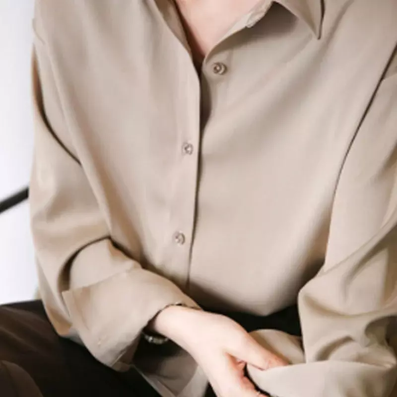 Blusa de seda vintage com botões, camisa de cetim, tops soltos, manga comprida, roupas da moda, primavera, outono, lady, 11355