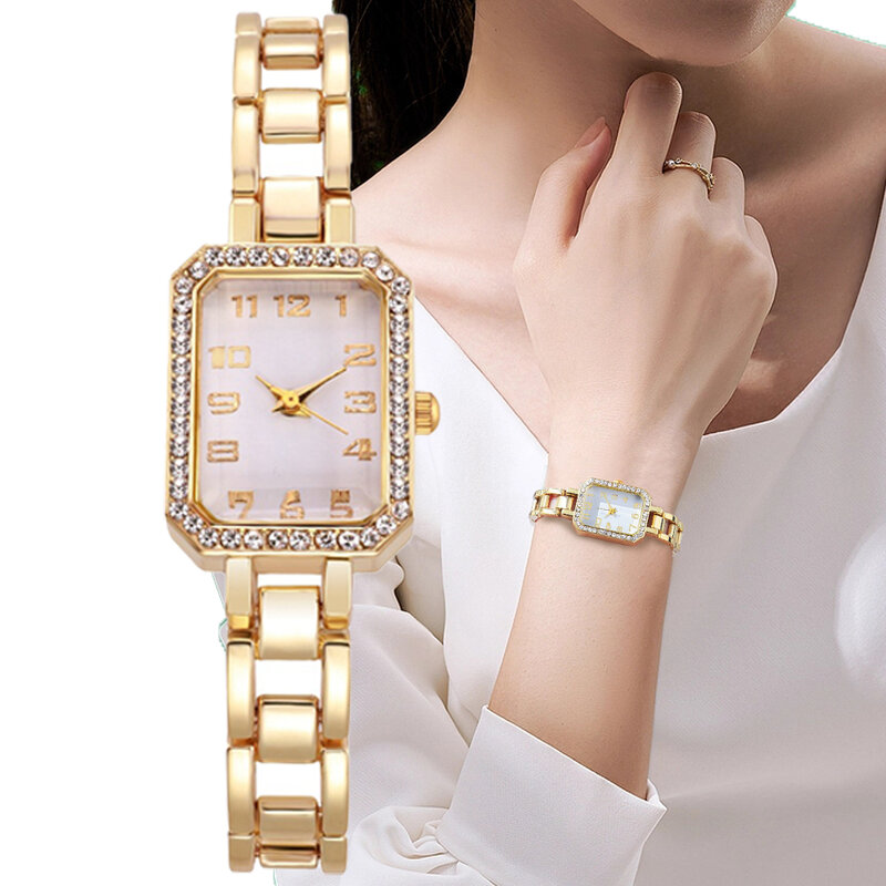 Reloj de lujo de cuarzo para mujer, pulsera de acero inoxidable dorado, reloj de vestir para mujer, Cuadrado Simple, Diamante completo, Digital, nuevo, 2023