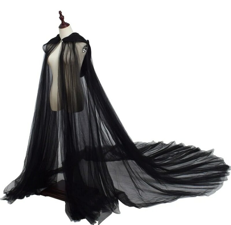 여성용 할로윈 의상 후드 얇은 명주 그물 망토, 블랙 화이트 레드 웨딩 신부 바닥 길이 망토 케이프 드레스