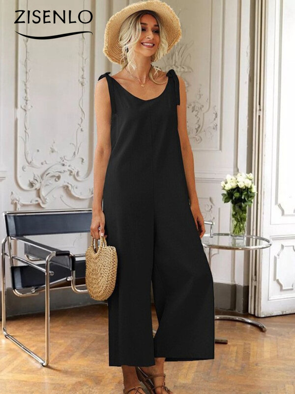 Elegant Jumpsuit Women Summer Fashion Straps Loose Straight Solid Color One-piece Back Pants One Pieces Full Length for Women