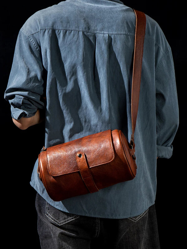Bolsa de ombro vintage masculina, balde de cilindro transversal original, bolsa de couro, casual e artesanal