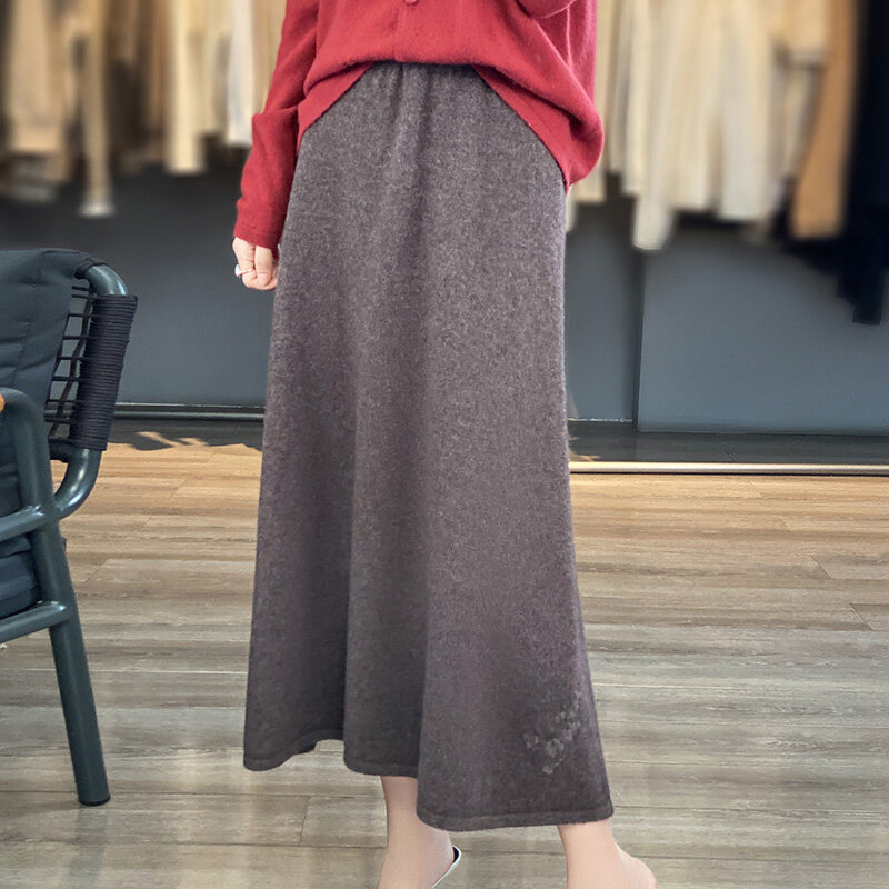 Женская трикотажная юбка из 100% чистой шерсти с вышивкой, осенне-зимняя длинная кашемировая юбка А-силуэта до колена.