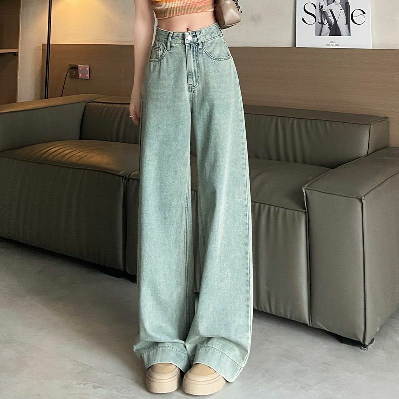 Internetowe gwiazdy Retro sprane spodnie dżinsowe dla kobiet Lato 2024 Nowe drapowane spodnie z wysokim stanem i prostą nogawką Długie spodnie z szerokimi nogawkami