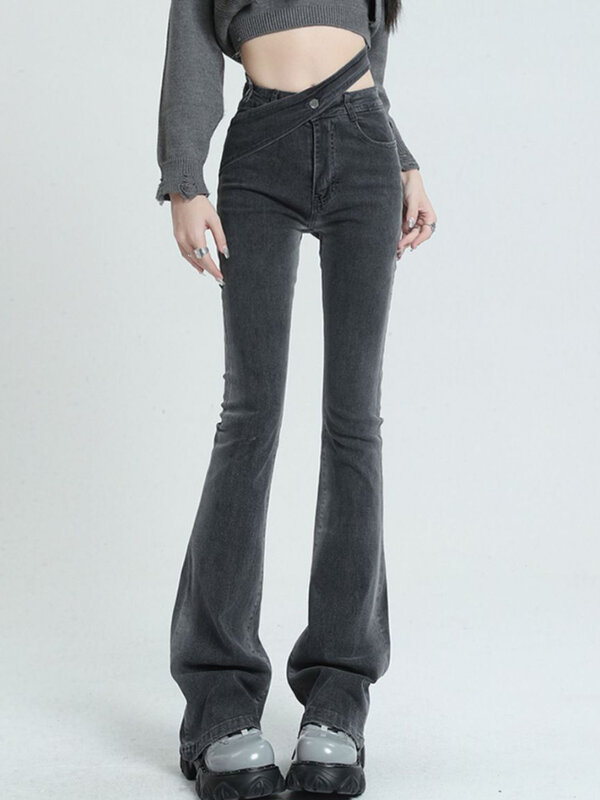 Calças de brim femininas vintage cintura alta popular calças de brim all-match contraste cor minimalista lazer senhoras estilo americano outono