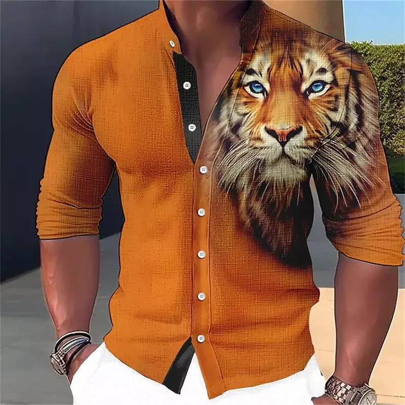 New Men's Shirt Standing Collar Fashion Leisure Animal Pattern Printing Shirt Outdoor Joint High Quality Fabric Men's Top S-6XL