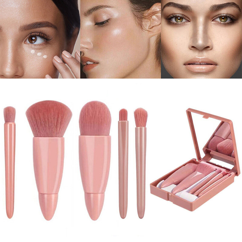 Set kuas Makeup Mini ukuran portabel, 5 buah kotak Makeup cermin profesional, kuas Eyeshadow nyaman alat kosmetik