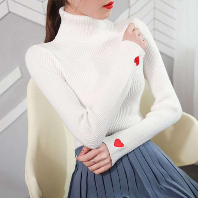 Zoki-女性用韓国ニットタートルネックセーター,シンプルでソフトなセーター,ハート刺jum, ファッショナブル,秋冬