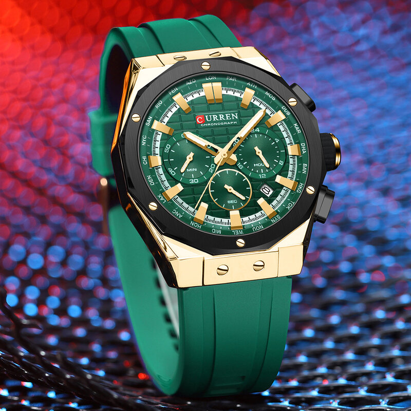 CURREN-Relógio quartzo com pulseira de silicone impermeável masculino, cronógrafo esportivo, relógio militar, marca de luxo, relógio luminoso com data