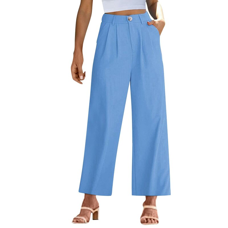 Women'S Business Casual Pants Summer Straight Loose Wide Leg Pants Button High Waisted Daily Commute Formal Pants With Pockets