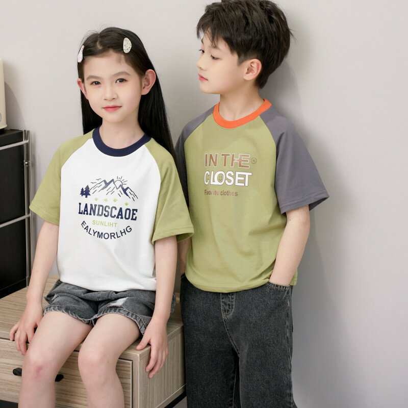 Patchwork manga curta camiseta, roupa de verão, roupas infantis, novo quente, letras impressas, moda streetwear, tamanho 100-180