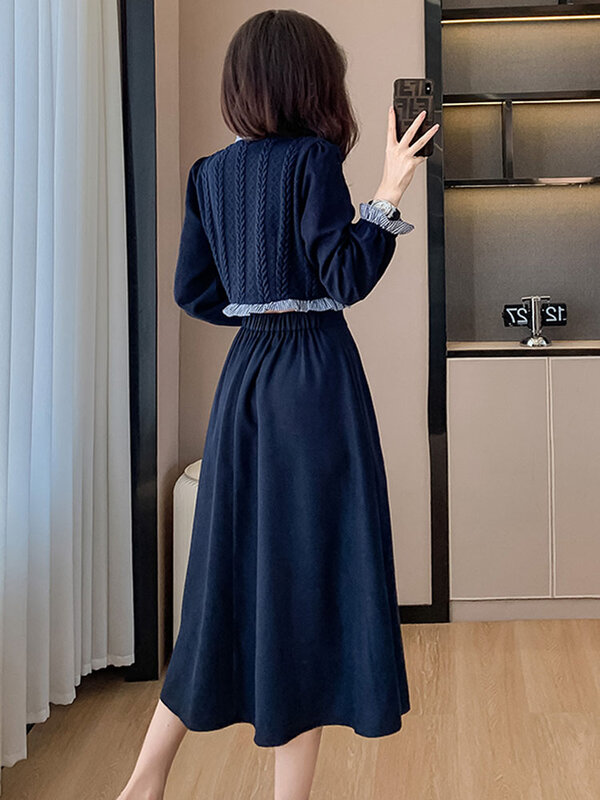 2023 jesienna moda dwuczęściowa koreańska damska falbanki w stylu Vintage z dzianiny splatanie koszula Top + elegancka linia spódnice Midi