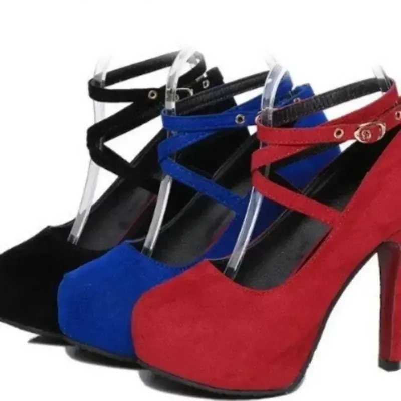 Sepatu hak Stiletto ultra-tinggi untuk wanita, sepatu hak tinggi modis warna polos, sepatu Retro ujung bulat dengan tali gesper, sepatu musim semi musim gugur 2024