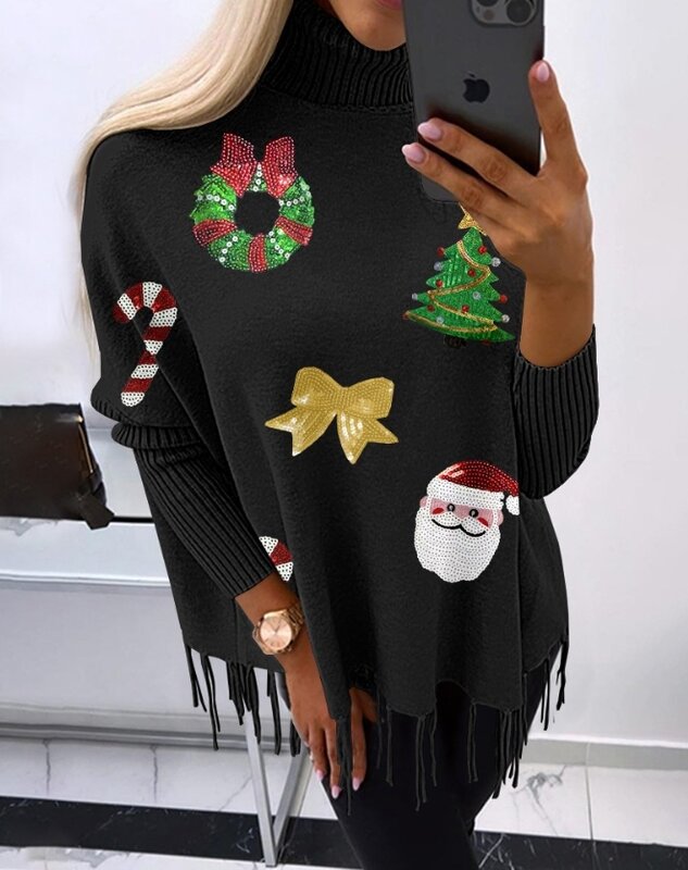 캐쥬얼 크리스마스 산타 클로스 화환 패턴 대비 스팽글 스웨터 티셔츠, 풀오버 상의, 2023 가을 겨울 용수철, 새로운 패션