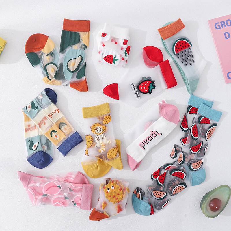 Kave Summer New Socks Women's Japanese Thin Cartoon Fruit Glass Silk Socks Fashion Ins Trend Card Stockings Women Dropshipping