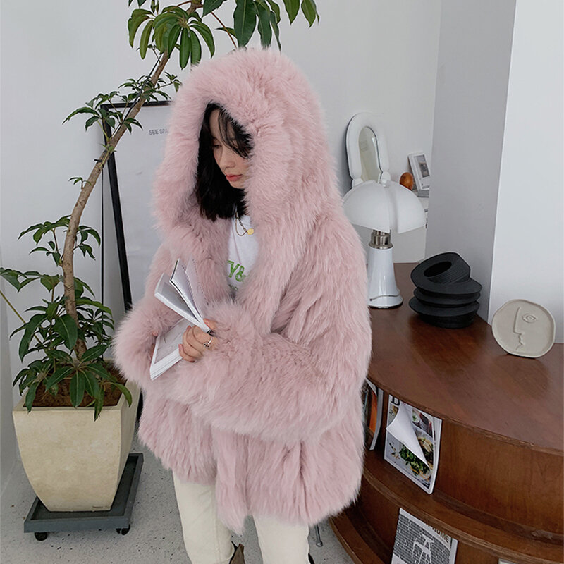 Abrigos de piel auténtica para mujer, abrigo corto de piel de zorro tejido de doble cara, chaqueta cálida de alta calidad con capucha, novedad de invierno, 2023