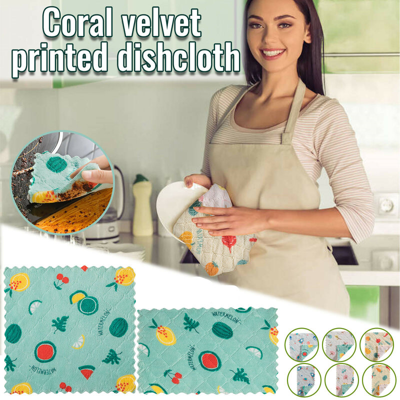 ผ้าขนหนูจานการ์ตูนสองสีลายปะการังผ้าฟลีซผ้าขนหนูแบบแขวนซับน้ำได้ดีผ้าไม่มันสำหรับล้างจานผ้าขี้เกียจ