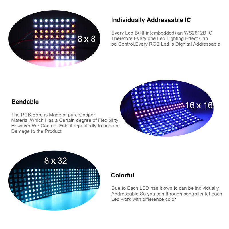 Panel Digital LED direccionable individualmente WS2812B, módulo de píxeles Led Flexible, pantalla matriz DC5V, 1-5 piezas, WS2812, 8x8, 16x16, 8x32