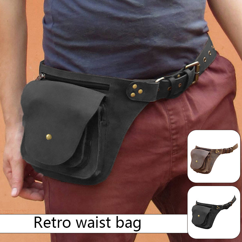 Medieval Faux Belt Waist Bag Leather Steampunk Hip Pocket  Outdoor Travel Vintage Belt Satchel for Men Outdoor Casual