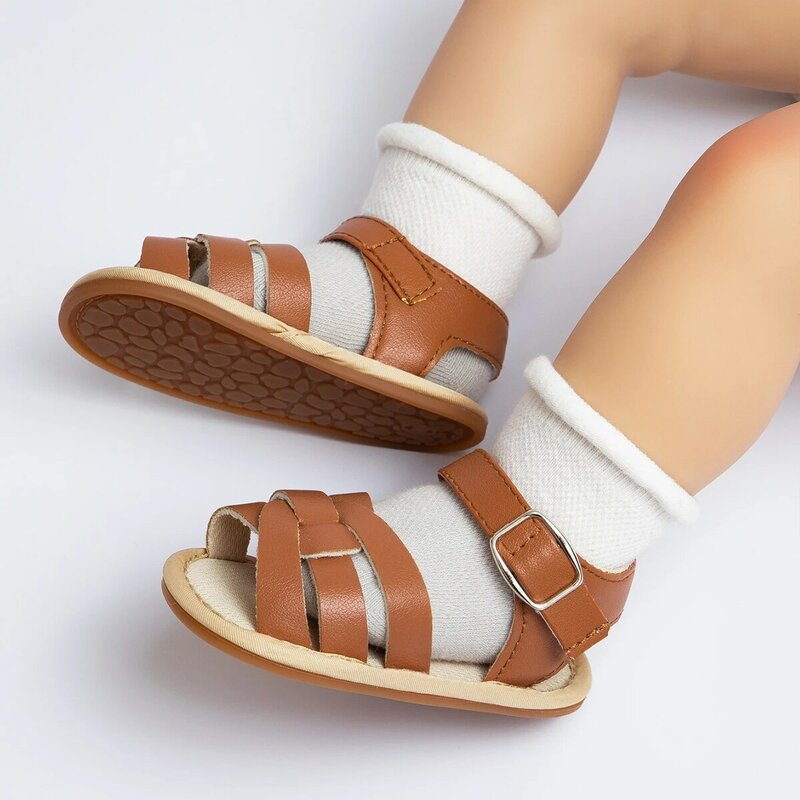 أحذية للأطفال الصغار من KIDSUN صنادل مصنوعة من الجلد والمطاط ومزودة بنعل ناعم ومزودة بنعل ناعم مناسبة للأطفال الصغار والأطفال الذين يتعلمون المشي لأول مرة مقاس 0-18 شهرًا