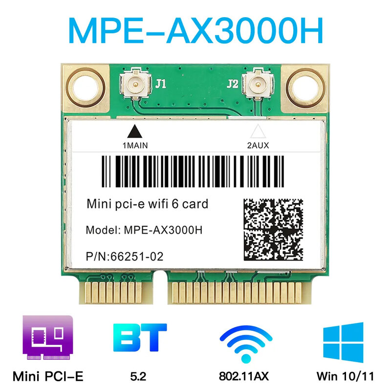 بطاقة واي فاي بشبكة لاسلكية مزدوجة النطاق ، نصف مصغر ، PCI-E ، بلوتوث 5.2 ، 802.11ax ، التيار المتناوب ، 2.4Ghz ، 5Ghz ، MU-MIMO ، 2974Mbps ، 6 AX200