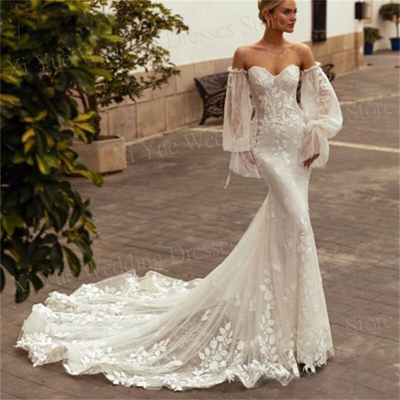 Exquisite Sexy New Mermaid Wedding Dresses Classic Lace Appliques Bride Gowns With Detachable Lantern Sleeves Strapless Backless