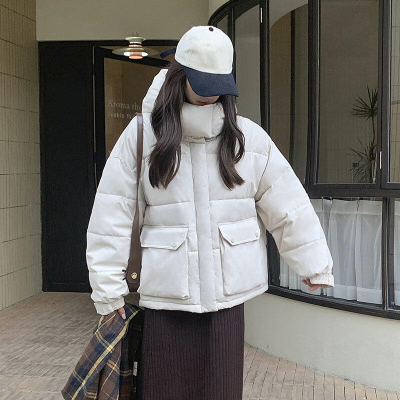 Jaket gembung bertudung kasual longgar Korea wanita, jaket panjang berlapis ritsleting tebal jalanan modis musim dingin