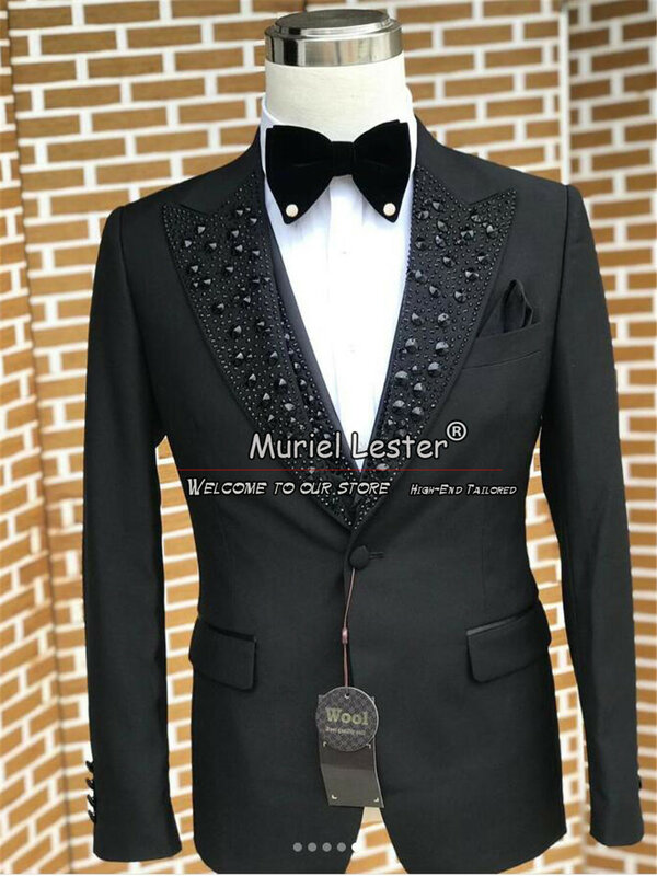 Traje negro ajustado para hombre, Blazer de lujo con cuentas de piedra, ropa de novio a medida, esmoquin de boda, vestido de negocios hecho a medida, 3 piezas