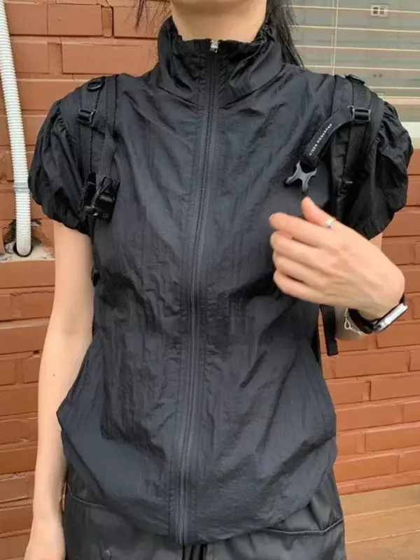 Женская короткая куртка на молнии, летний топ в американском стиле с коротким воротником и коротким рукавом