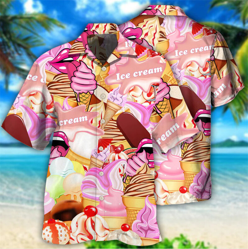 남녀공용 루즈 컴포트 아이스크림 셔츠, 패션 트렌디 반팔 셔츠, 3D 프린트 Y2k 하와이 셔츠, 휴가 해변 파티 상의