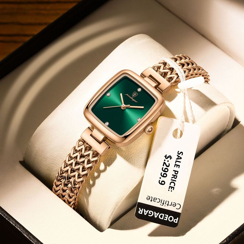 POEDAGAR jam tangan wanita Quartz, jam tangan kotak mewah tahan air baja tahan karat modis reloj