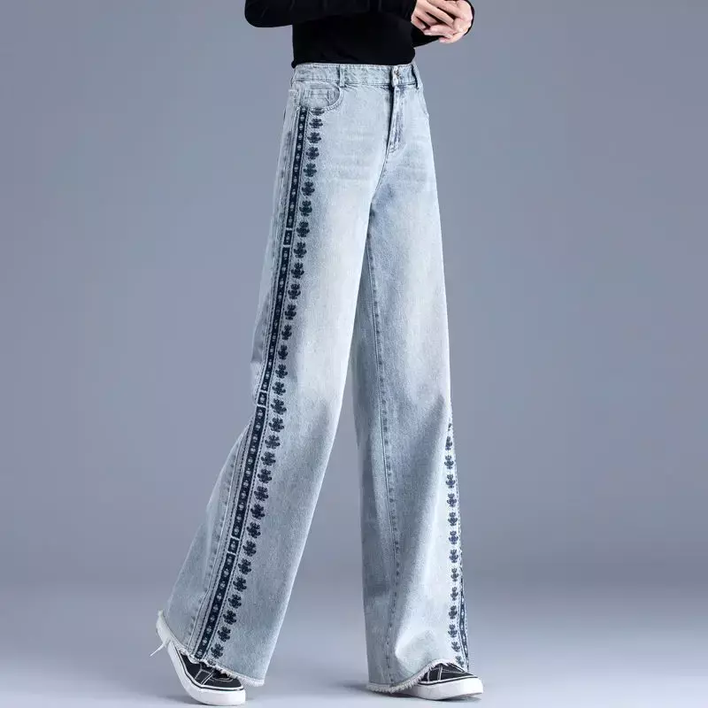 Calça jeans de perna larga bordada feminina, calça de esfregão de cintura alta, casual reta e solta, versátil, verão, nova, 2023