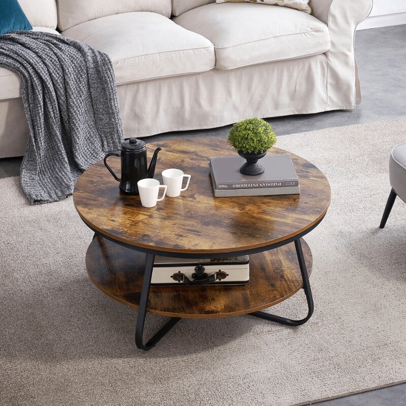 Round Coffee Table with Open Storage, 38.5" Wood Sofa Table Rustic Accent Table with Sturdy Metal Legs for Living Room