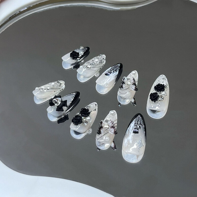 10 шт., накладные ногти ручной работы, черные французские накладные ногти с 3D розами, дизайн для невесты и леди, носимые накладные ногти с полным покрытием