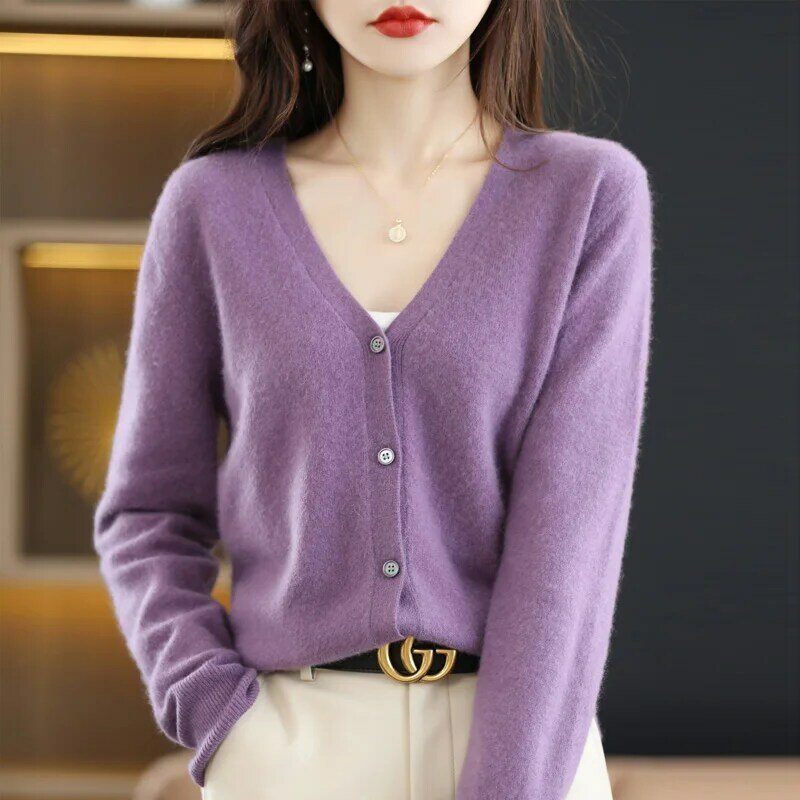 Knitted Cardigan Women's Thin Sweater Coat 2022 Spring Autumn New Style Woolen Sweater Round Neck Top Loose Outer Wear All-Match