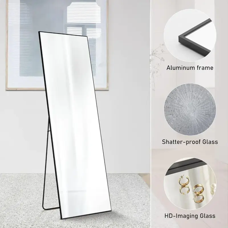 Pełnowymiarowe lustro podłogowe o wymiarach 64 "x 21" ze stojakiem, lustro ścienne wisząca/stojąca lub oparte o ścianę, czarne