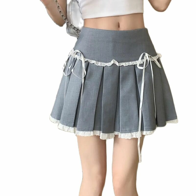 Plisowana spódnica patchworkowa koronka plisowane spódnice Y2k damskie kokardki zapobiegające ekspozycji na światło dekoracja Mini spódniczka Harajuku 2024