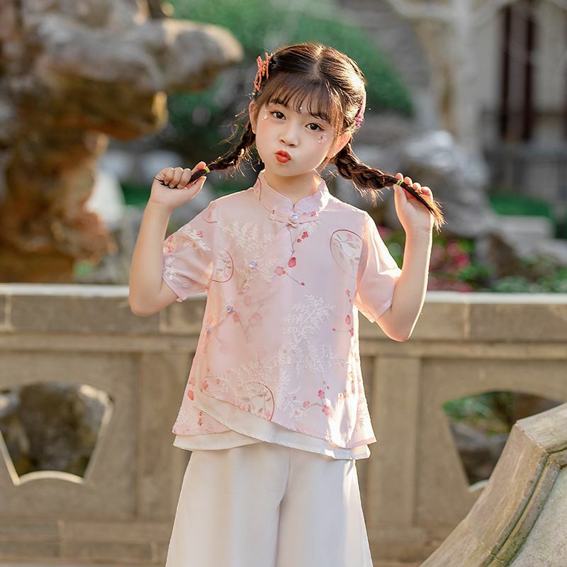 Vintage Girls Hanfu Chiffon Clothing Set Kids Tangsuit Children Blouse and Trousers Set Daily Wear Costume