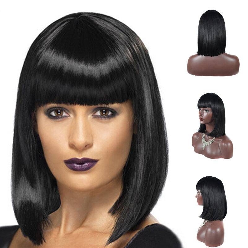 Natural Realistic Fashion Synthetic Shoulder Length Short Straight Hair with Bangs Wig Female Suitable for Daily Dress Role Play