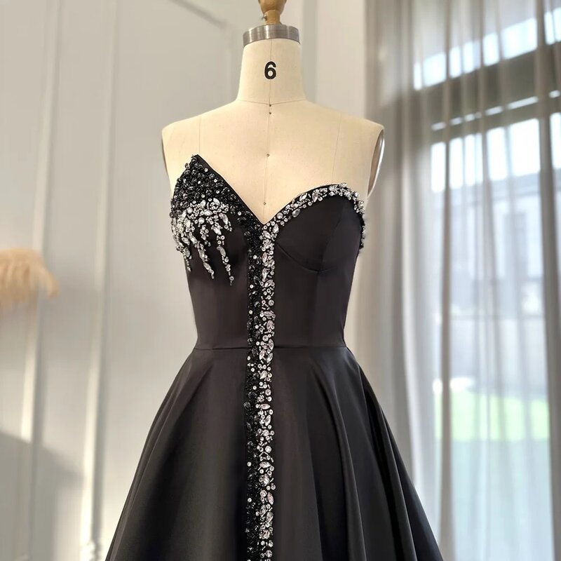 Crystal Beading Black Evening Dresses Woman's A Line Sexy V Neck Blackless Prom Gowns Formal Elegant Demure Party 2024 Vestidos