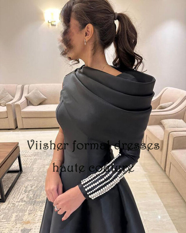 Black One Sleeve Evening Dresses Beads Satin A Line Arabic Dubai Prom Dress Floor Length Formal Evening Gowns for Women