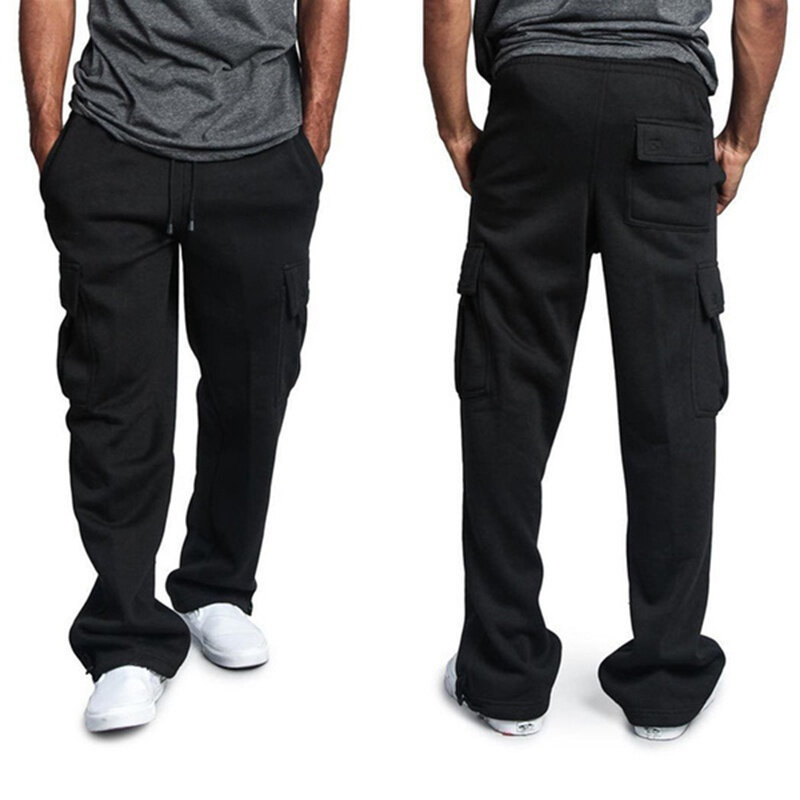 New Casual Men's Drawstring Elastic Waist Solid Color Pocket Pants Sports Pants Sweatpants Workout Trousers