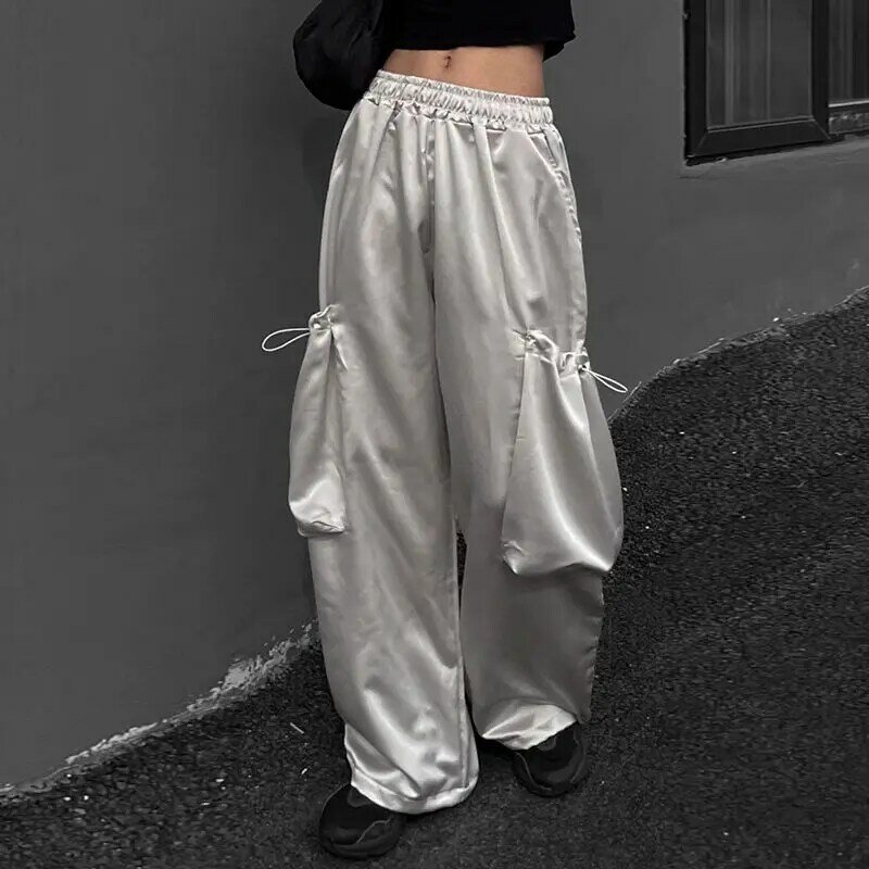 Deeptown Y2k celana kargo Satin wanita, celana kargo ukuran besar Harajuku mode Korea musim panas longgar celana panjang tipis saku Gyaru Streetwear