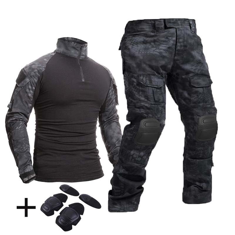 Tático Uniforme Militar Ternos, Camuflagem Caça Camisas e Calças, Airsoft Paintball Conjuntos de Roupas, 4 almofadas, Plus 8XL