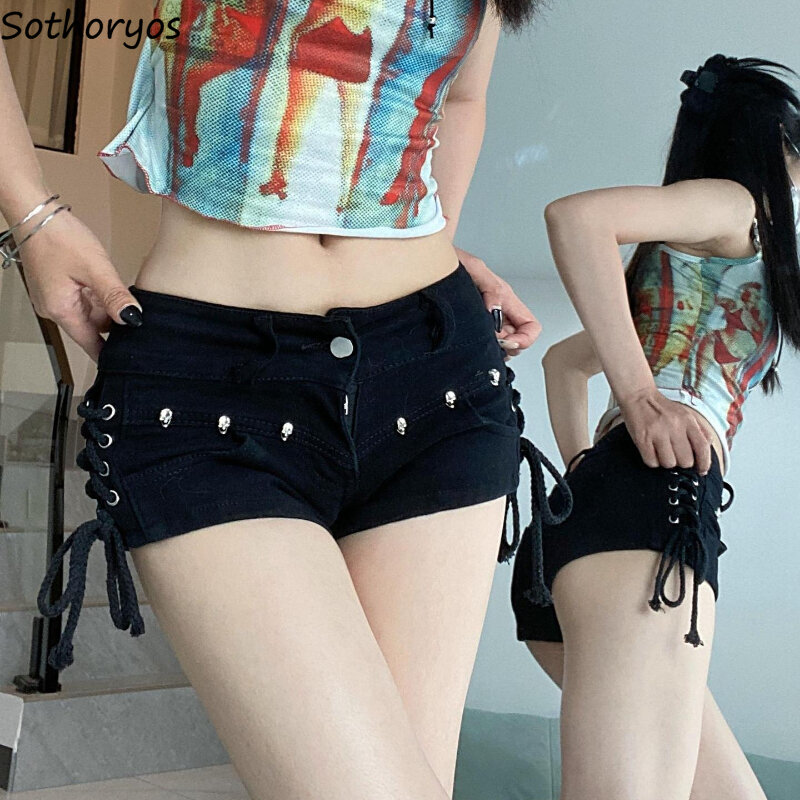 Czarne seksowne szorty Y2k damskie sznurowane chude gorące dziewczyny Streetwear z niską talią koreańska moda dopasowana na co dzień amerykański Retro popularna