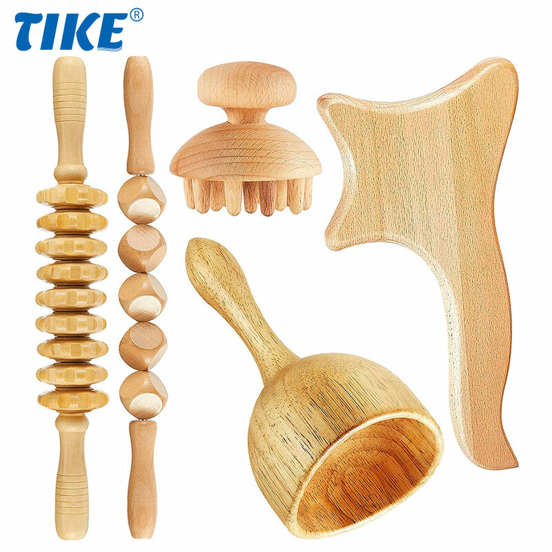5 In1 Natural Wooden Gua Sha Therapy Massager Tool for Full Body Exercise Pain Relief Anti Cellulite Fascia Massage Roller New